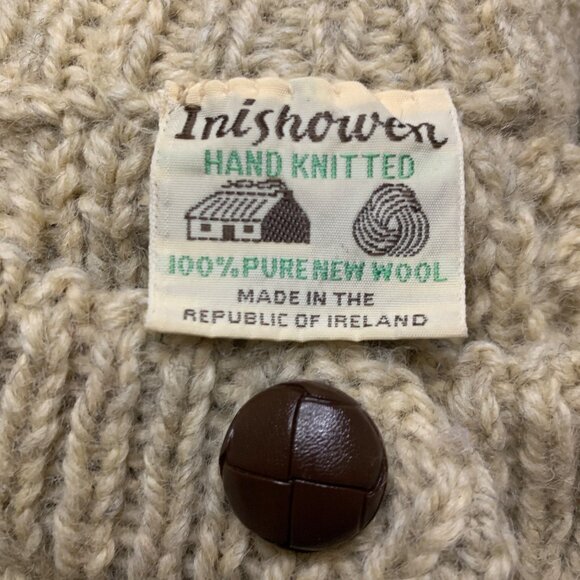 Irish Wool Cable Cardigan Sweater Knitted Fisherman Ireland Sz S Leather Buttons - Picture 3 of 13